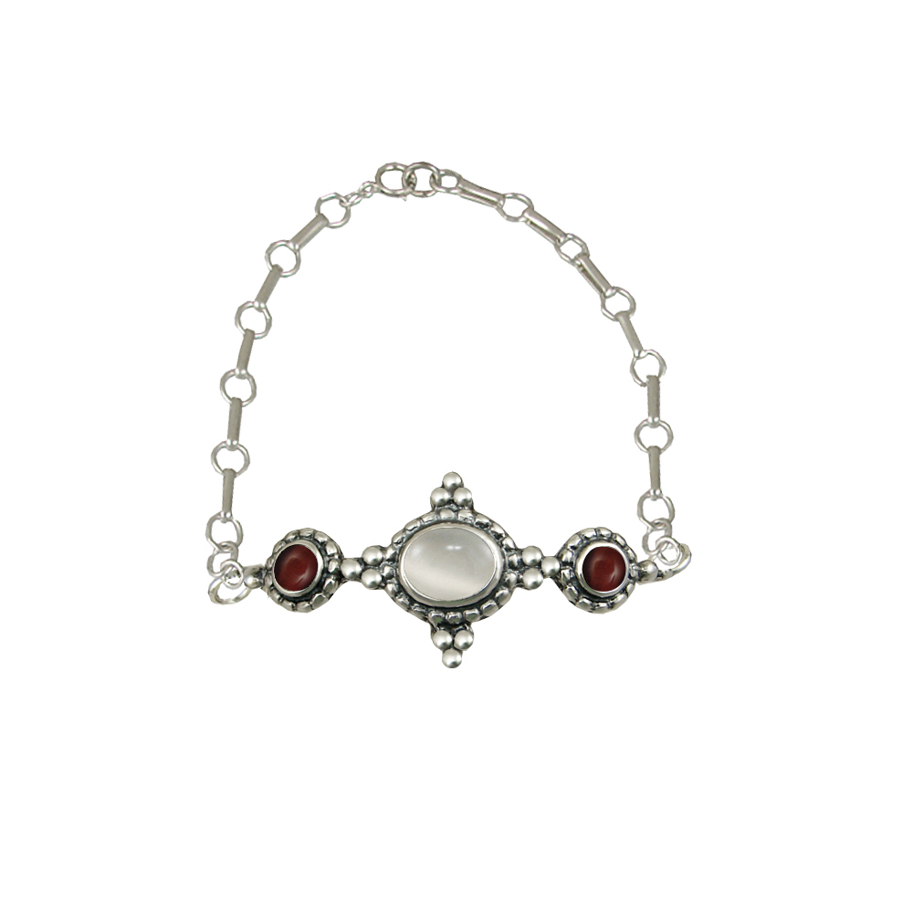 Sterling Silver Gemstone Adjustable Chain Bracelet With White Moonstone And Red Tiger Eye